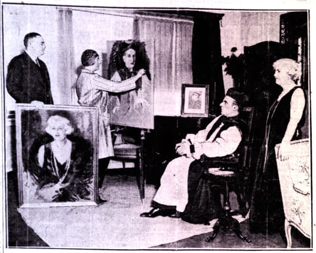 Aly painting a portrait of the bishop, who is seated in a big chair. Emily Junkin stands beside the bishop and Arnold stands beside Aly, holding a large portrait of Emily.