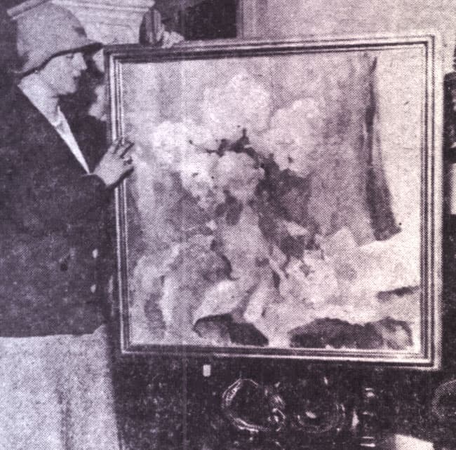 Princess Alexandra Victoria standing beside her painting of white flowers.