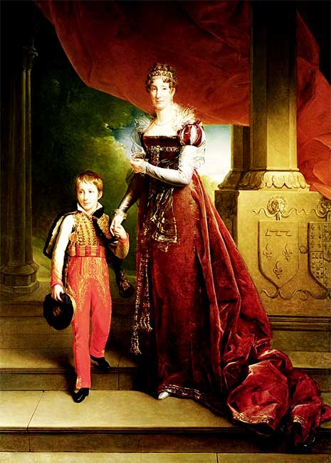 Marie-Amélie stands on palace steps in a burgundy velvet dress trimmed with gold, holding her young son’s hand. He is dressed in a military uniform with red pants, white shirt, and gold-braided jacket slung over his left shoulder.