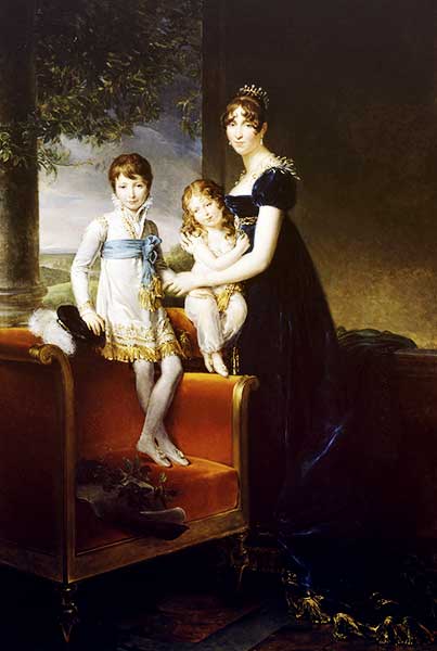 Hortense an ornate blue velvet gown stands beside two young boys, who stand on a red chair. They are in a richly decorated room with a window overlooking a large tree.